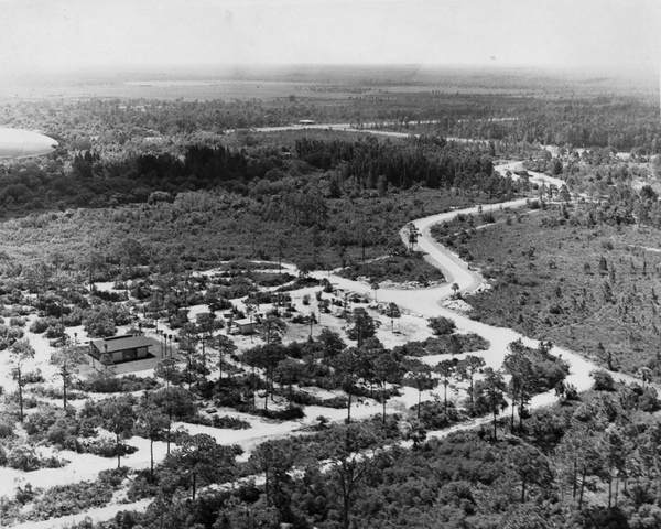 aerial view looking southeast over the koreshan state historic site park in estero, florida. circa 1961. from florida memory