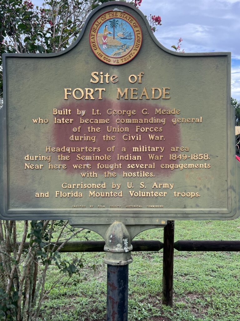 Site of Fort Meade historical marker in Heritage Park, Florida, describing the 1849 fort built by Lt. George G. Meade