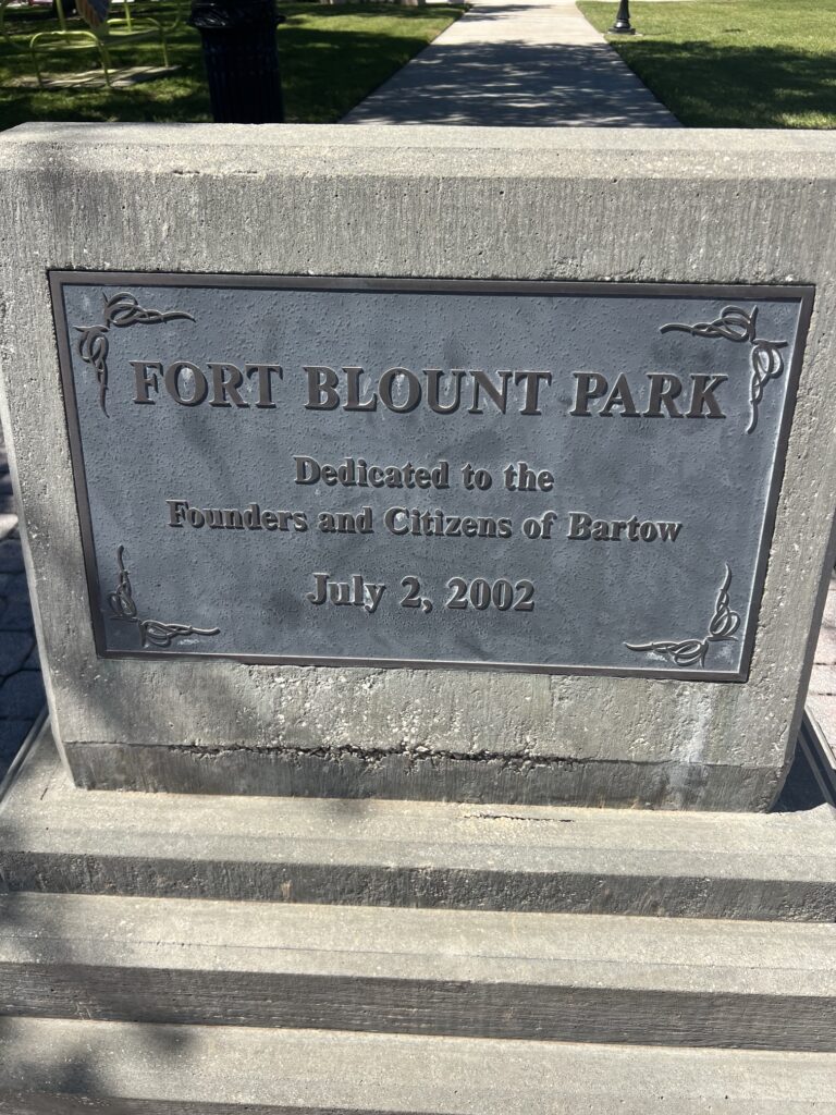 Fort Blount Park dedication plaque in Bartow, Florida, dated July 2, 2002, honoring the city's founders and citizens
