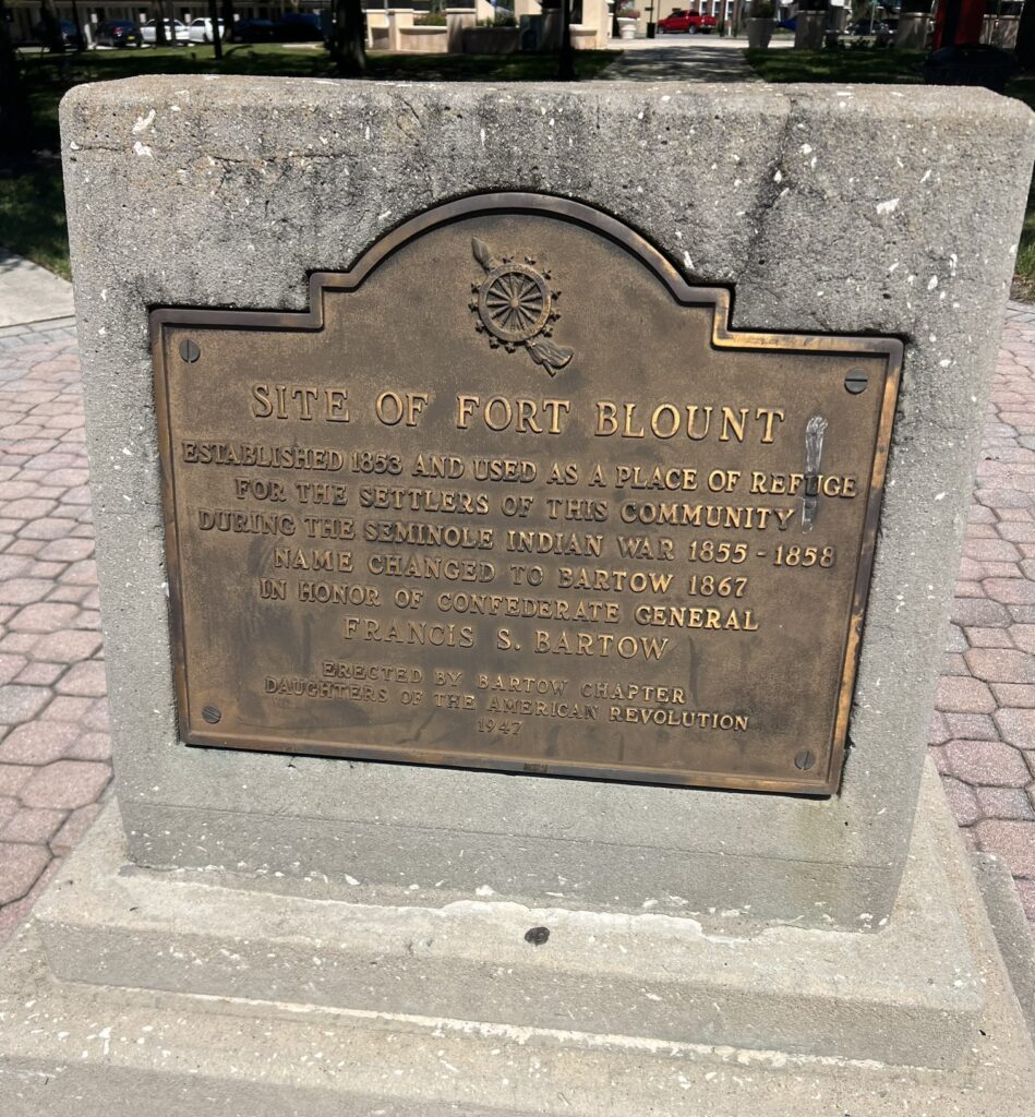 Site of Fort Blount historical marker in Bartow, Florida, describing the 1851 settlement and 1867 renaming